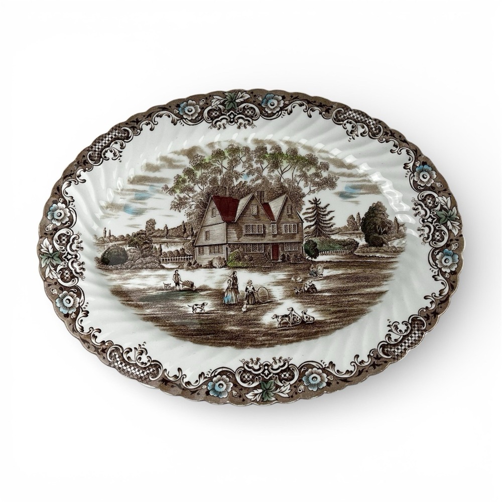 🇺🇸 Johnson Brothers Heritage Hall 15" Oval Platter Brown Transferware USA‎